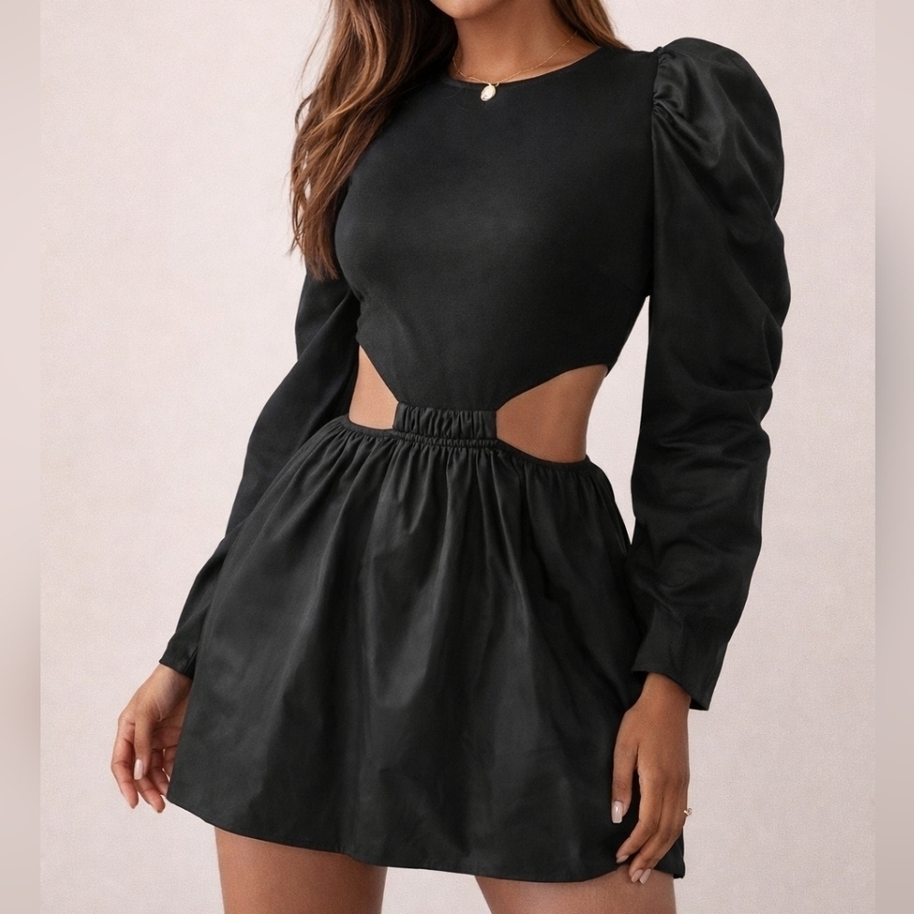 Black Long Puff Sleeve Cut Out Mini Dress Size Small